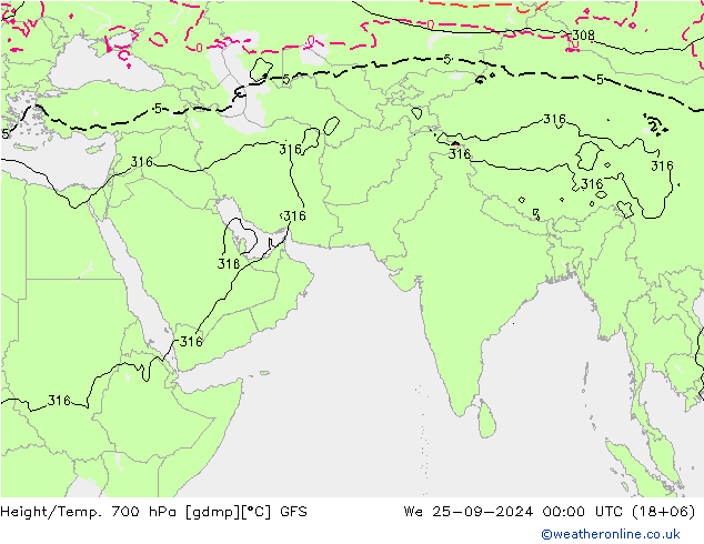 Height/Temp. 700 hPa GFS Mi 25.09.2024 00 UTC