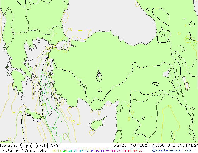 Isotaca (mph) GFS mié 02.10.2024 18 UTC