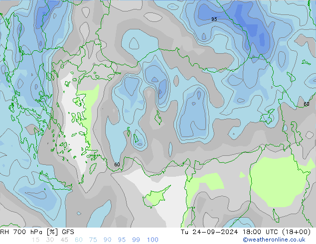 RH 700 hPa GFS Tu 24.09.2024 18 UTC