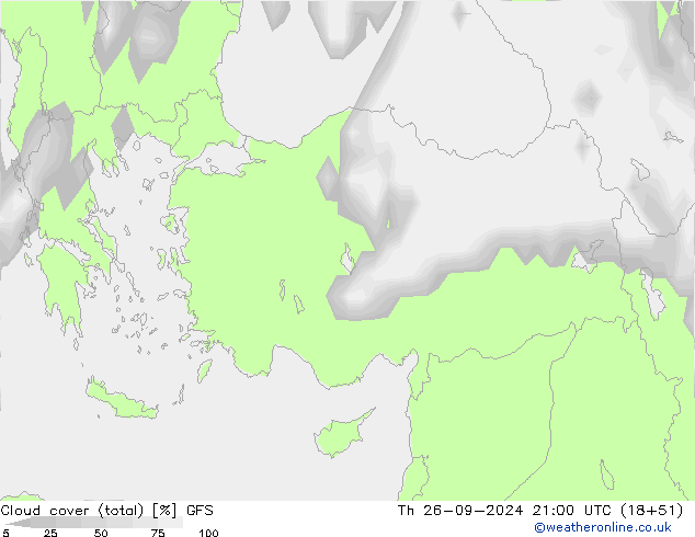 Cloud cover (total) GFS Th 26.09.2024 21 UTC