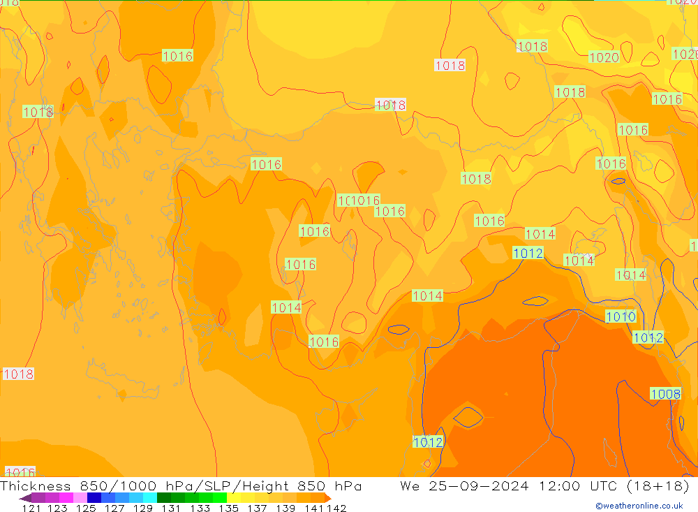 Thck 850-1000 hPa GFS We 25.09.2024 12 UTC