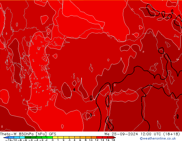 Theta-W 850гПа GFS ср 25.09.2024 12 UTC