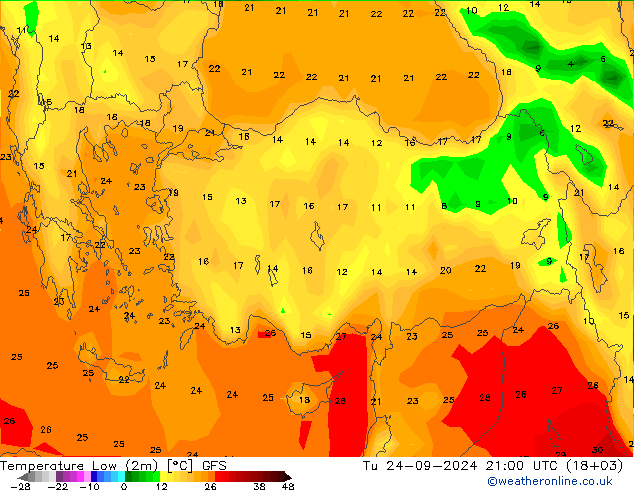 Temperature Low (2m) GFS Tu 24.09.2024 21 UTC