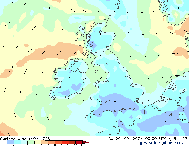 Surface wind (bft) GFS Su 29.09.2024 00 UTC