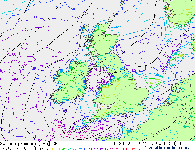 Isotachs (kph) GFS jeu 26.09.2024 15 UTC