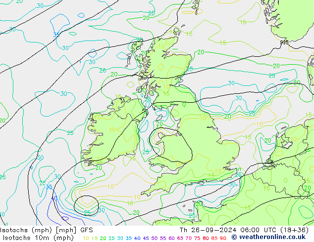 Isotachs (mph) GFS Th 26.09.2024 06 UTC