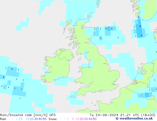 Rain/Snowfall rate GFS wto. 24.09.2024 21 UTC