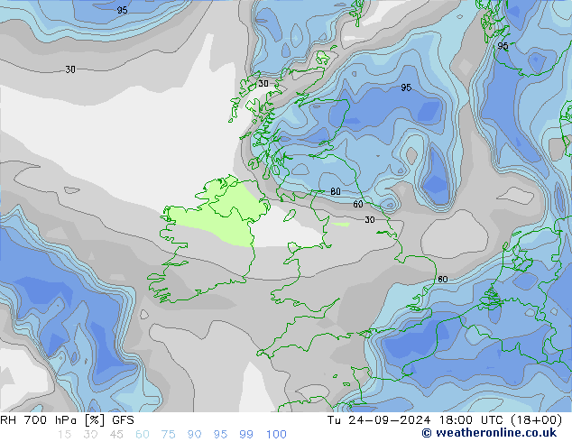 RH 700 hPa GFS Tu 24.09.2024 18 UTC