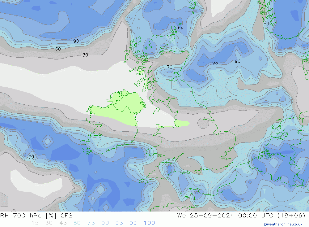 RH 700 hPa GFS 星期三 25.09.2024 00 UTC