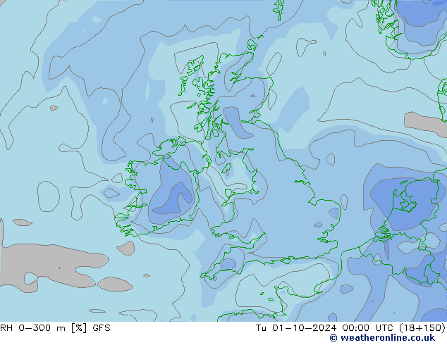 Humidité rel. 0-300 m GFS mar 01.10.2024 00 UTC