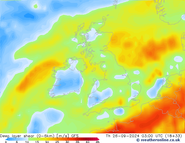 Deep layer shear (0-6km) GFS Th 26.09.2024 03 UTC