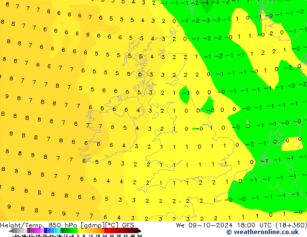 Height/Temp. 850 hPa GFS We 09.10.2024 18 UTC