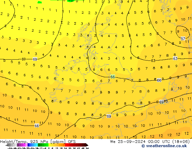 Height/Temp. 925 hPa GFS We 25.09.2024 00 UTC