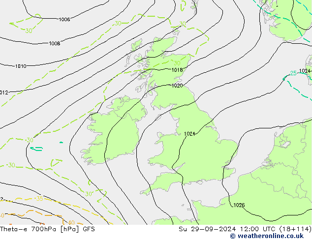 Theta-e 700hPa GFS Su 29.09.2024 12 UTC