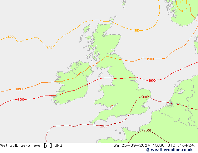 Wet bulb zero level GFS We 25.09.2024 18 UTC