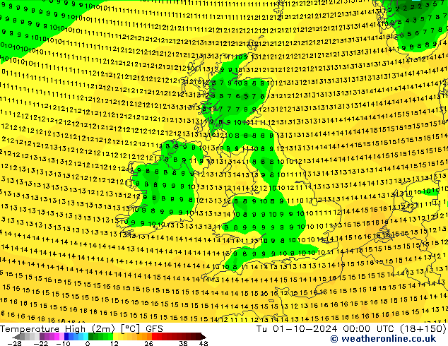 temperatura máx. (2m) GFS Ter 01.10.2024 00 UTC