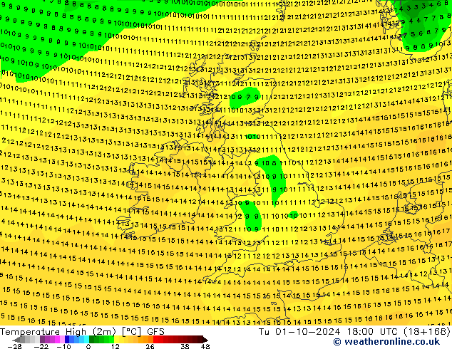 Темпер. макс 2т GFS вт 01.10.2024 18 UTC