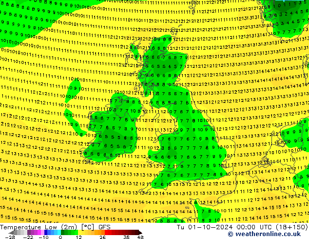 Temp. minima (2m) GFS mar 01.10.2024 00 UTC