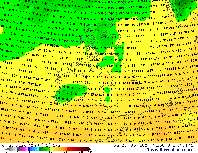 Temperatura (2m) GFS Qua 25.09.2024 12 UTC