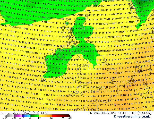 mapa temperatury (2m) GFS czw. 26.09.2024 15 UTC