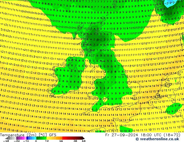 Temperatuurkaart (2m) GFS vr 27.09.2024 18 UTC