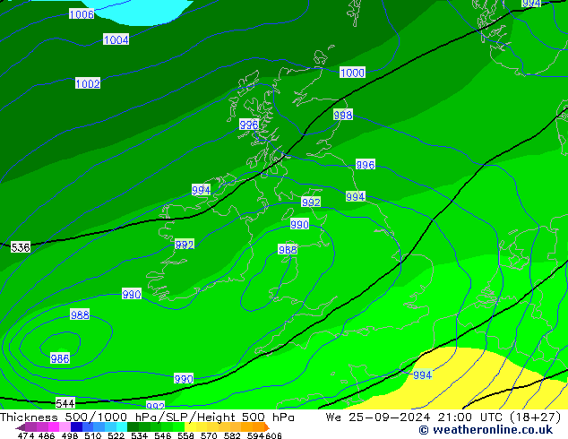 Dikte 500-1000hPa GFS wo 25.09.2024 21 UTC