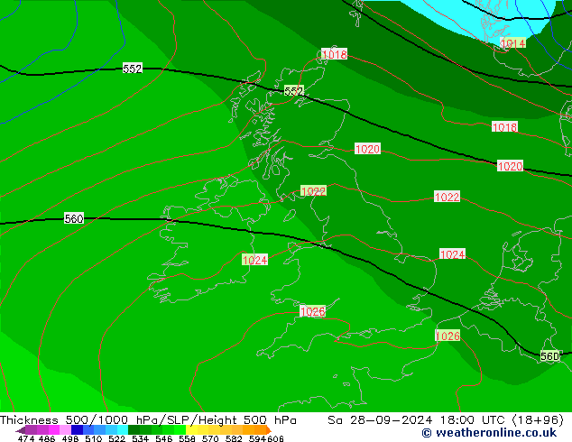 Schichtdicke 500-1000 hPa GFS Sa 28.09.2024 18 UTC