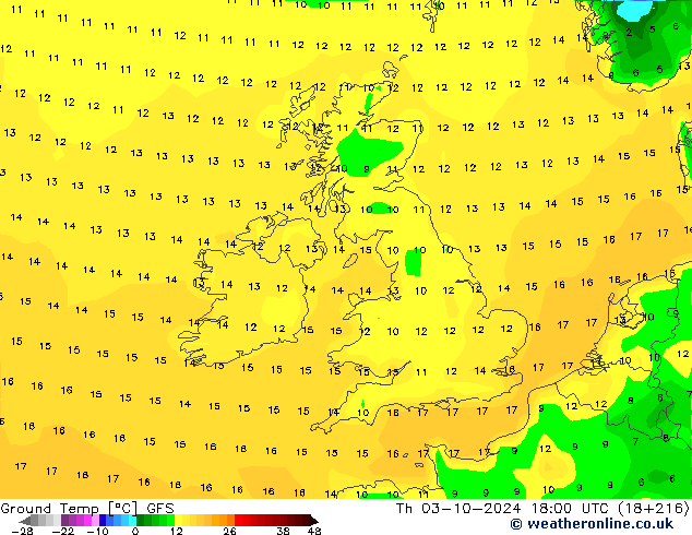 Temp. gruntu GFS czw. 03.10.2024 18 UTC