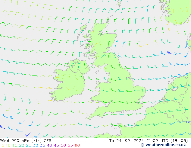 Wind 900 hPa GFS Tu 24.09.2024 21 UTC