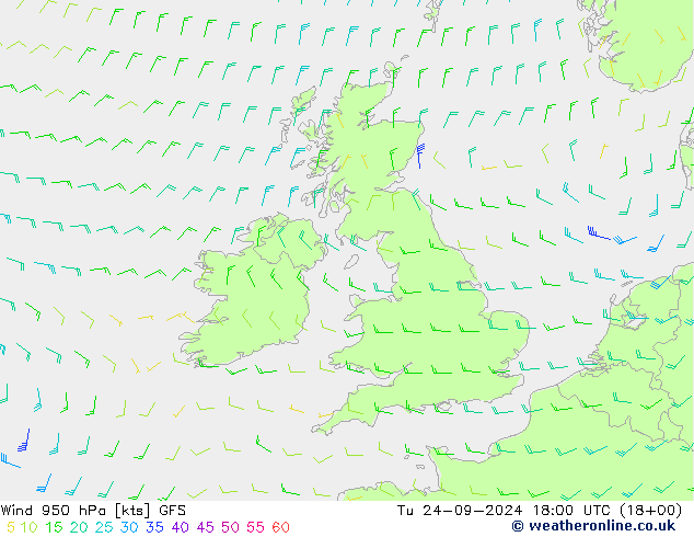 wiatr 950 hPa GFS wto. 24.09.2024 18 UTC