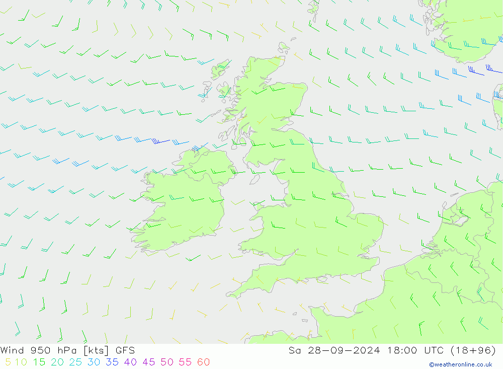 Rüzgar 950 hPa GFS Cts 28.09.2024 18 UTC