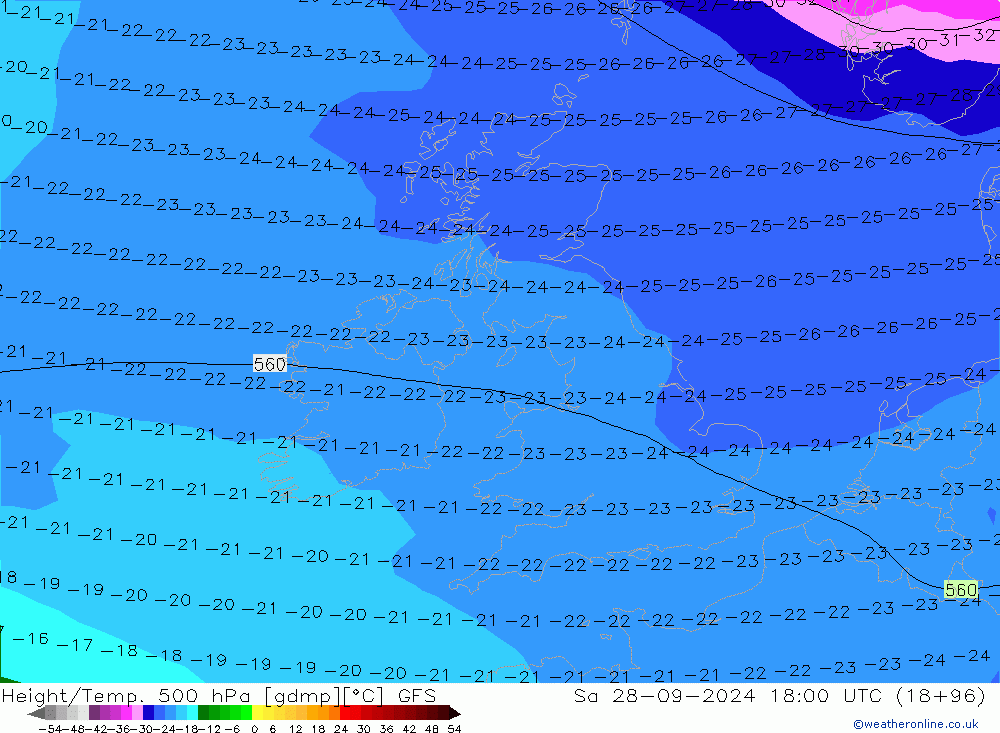 Z500/Rain (+SLP)/Z850 GFS  28.09.2024 18 UTC