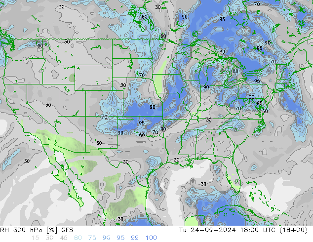 RH 300 hPa GFS Tu 24.09.2024 18 UTC