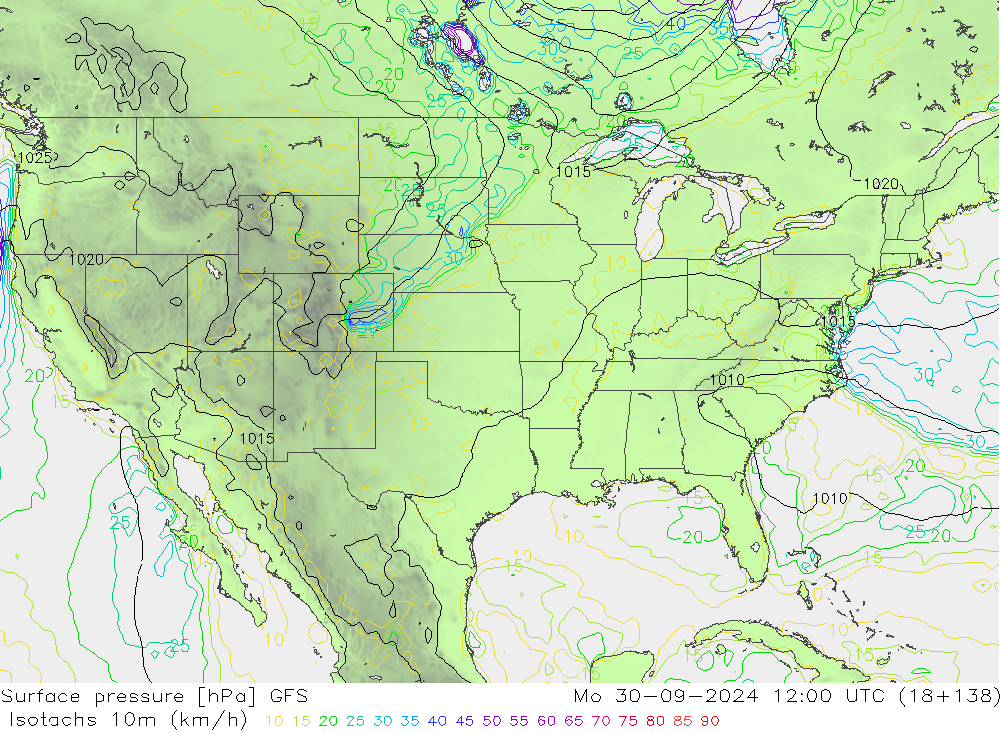 Isotachs (kph) GFS Po 30.09.2024 12 UTC