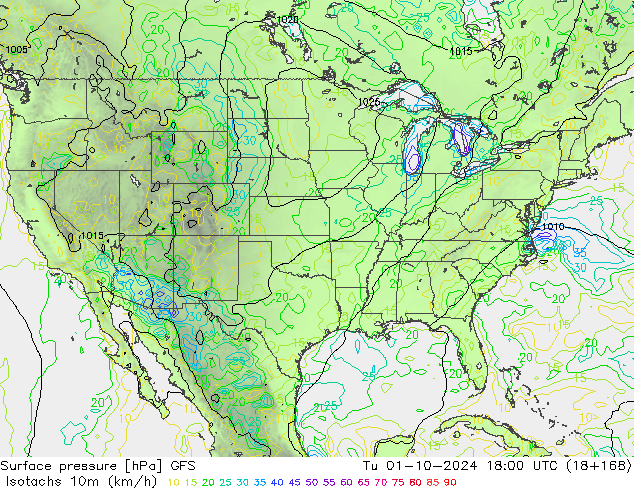 Isotachs (kph) GFS Tu 01.10.2024 18 UTC