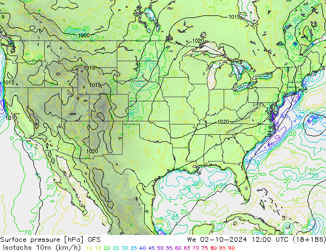 Isotachen (km/h) GFS wo 02.10.2024 12 UTC