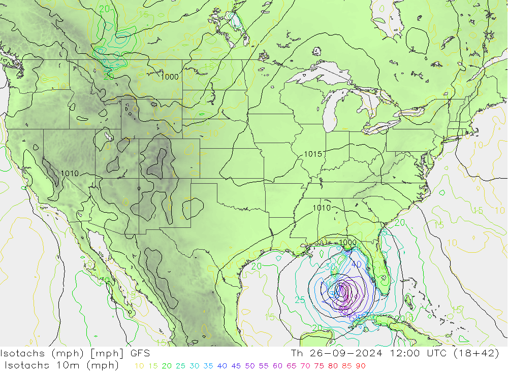 Isotachs (mph) GFS gio 26.09.2024 12 UTC