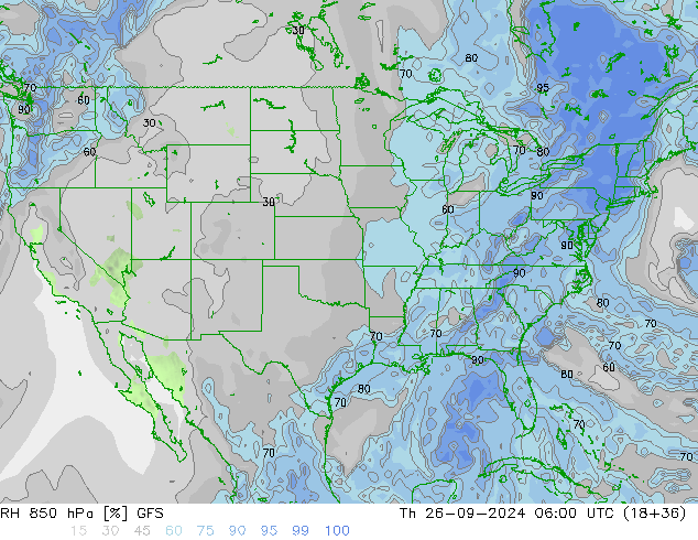 RH 850 hPa GFS czw. 26.09.2024 06 UTC