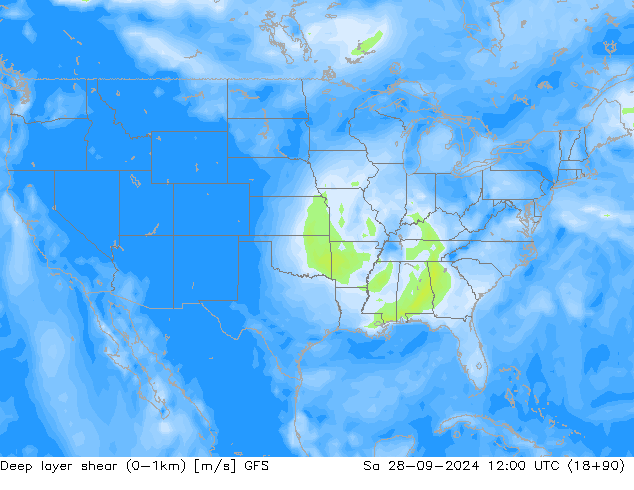 Deep layer shear (0-1km) GFS сб 28.09.2024 12 UTC