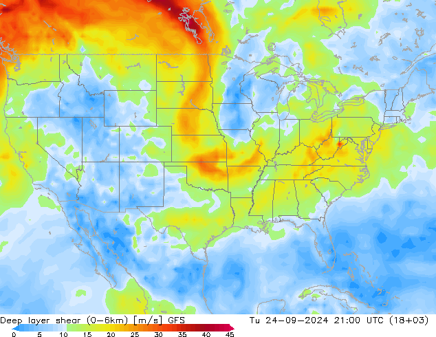 Deep layer shear (0-6km) GFS Tu 24.09.2024 21 UTC