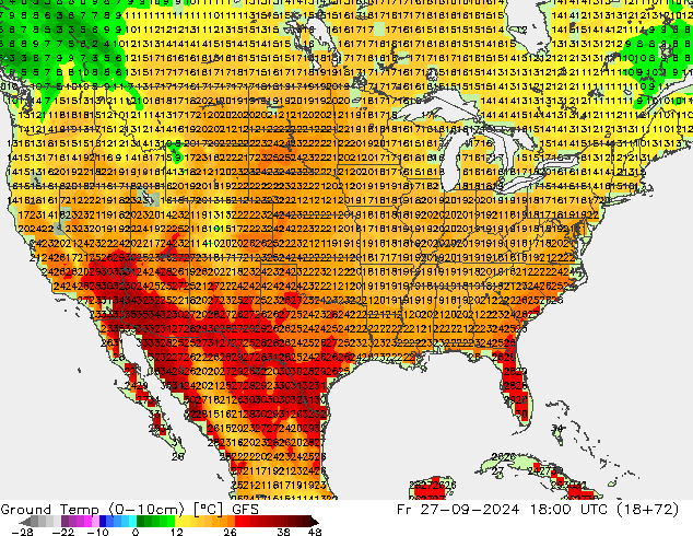 Temp. gruntu (0-10cm) GFS pt. 27.09.2024 18 UTC