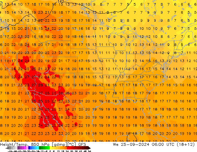 Height/Temp. 850 hPa GFS Mi 25.09.2024 06 UTC