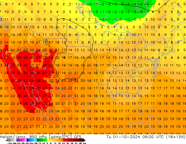 Geop./Temp. 850 hPa GFS mar 01.10.2024 06 UTC