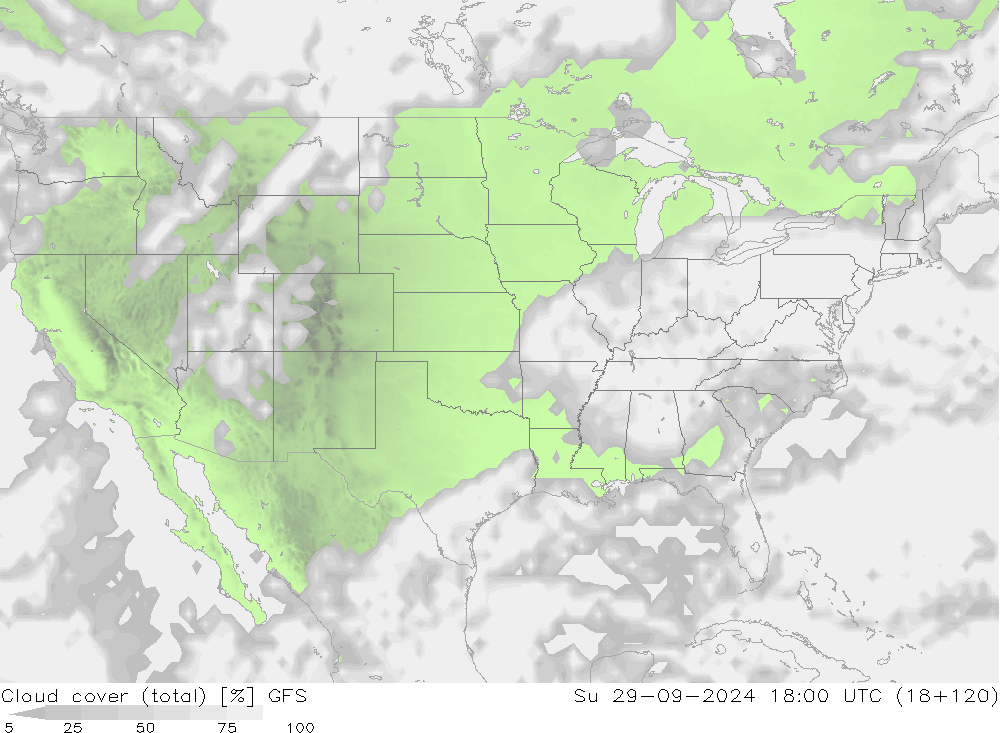 облака (сумма) GFS Вс 29.09.2024 18 UTC