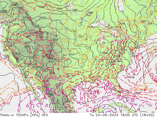 Theta-e 700hPa GFS wto. 24.09.2024 18 UTC