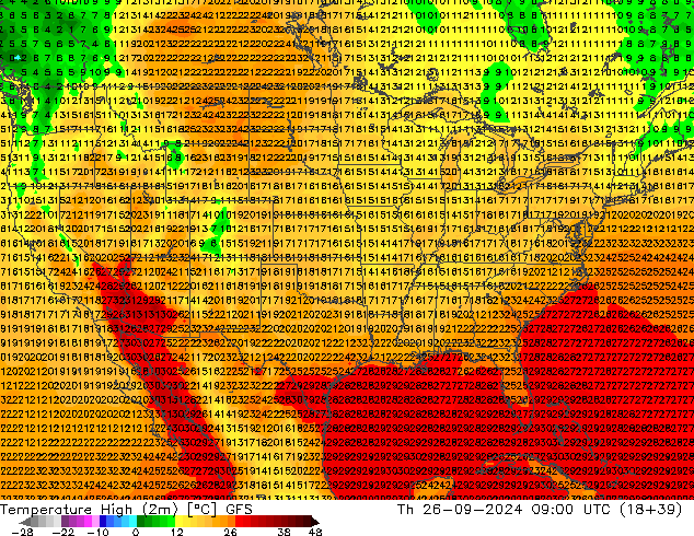 Temp. massima (2m) GFS gio 26.09.2024 09 UTC