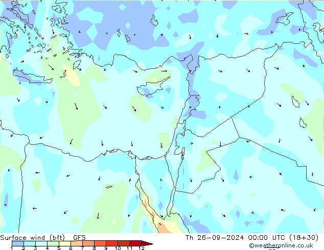 Wind 10 m (bft) GFS do 26.09.2024 00 UTC