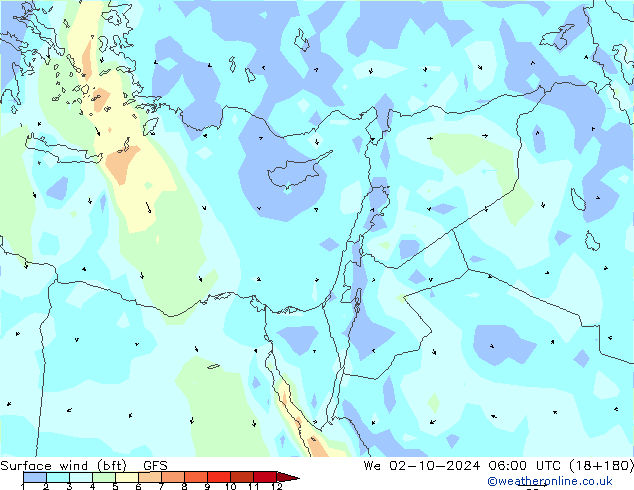 Surface wind (bft) GFS We 02.10.2024 06 UTC