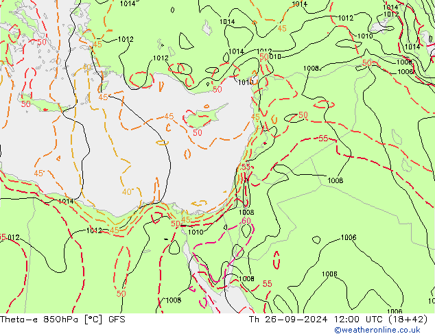 Theta-e 850hPa GFS czw. 26.09.2024 12 UTC