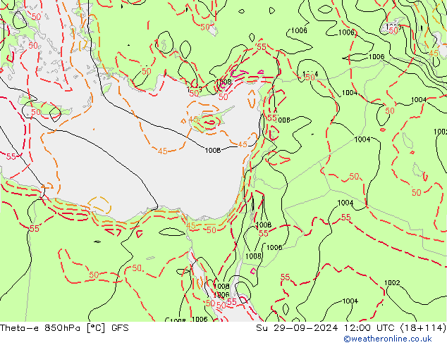 Theta-e 850hPa GFS Dom 29.09.2024 12 UTC